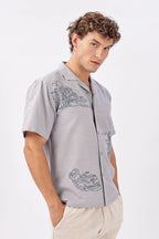 Skyline of Lisboa Cuban Collar Embroidery Shirt