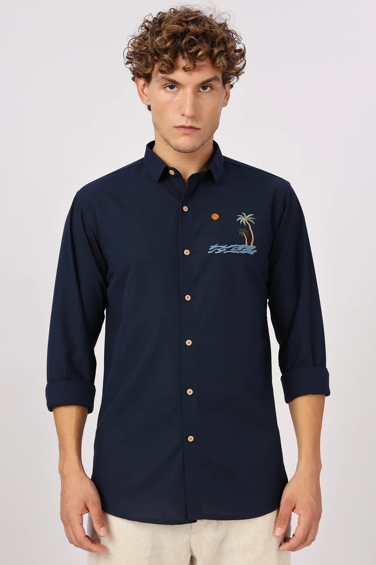 "Tides & Palms" Embroidered Navy Shirt