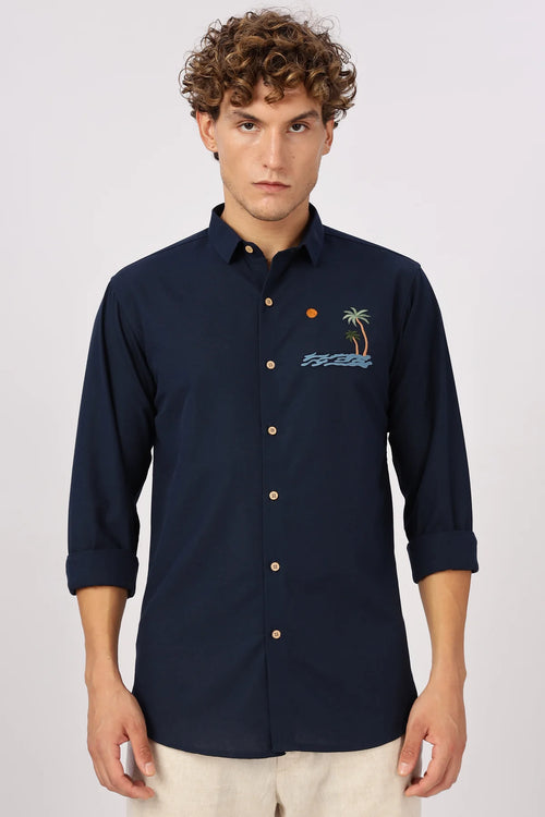 "Tides & Palms" Embroidered Navy Shirt