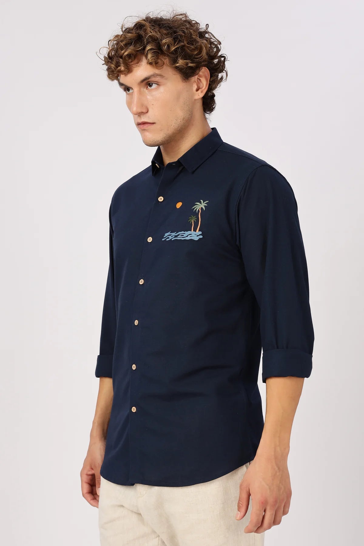 "Tides & Palms" Embroidered Navy Shirt