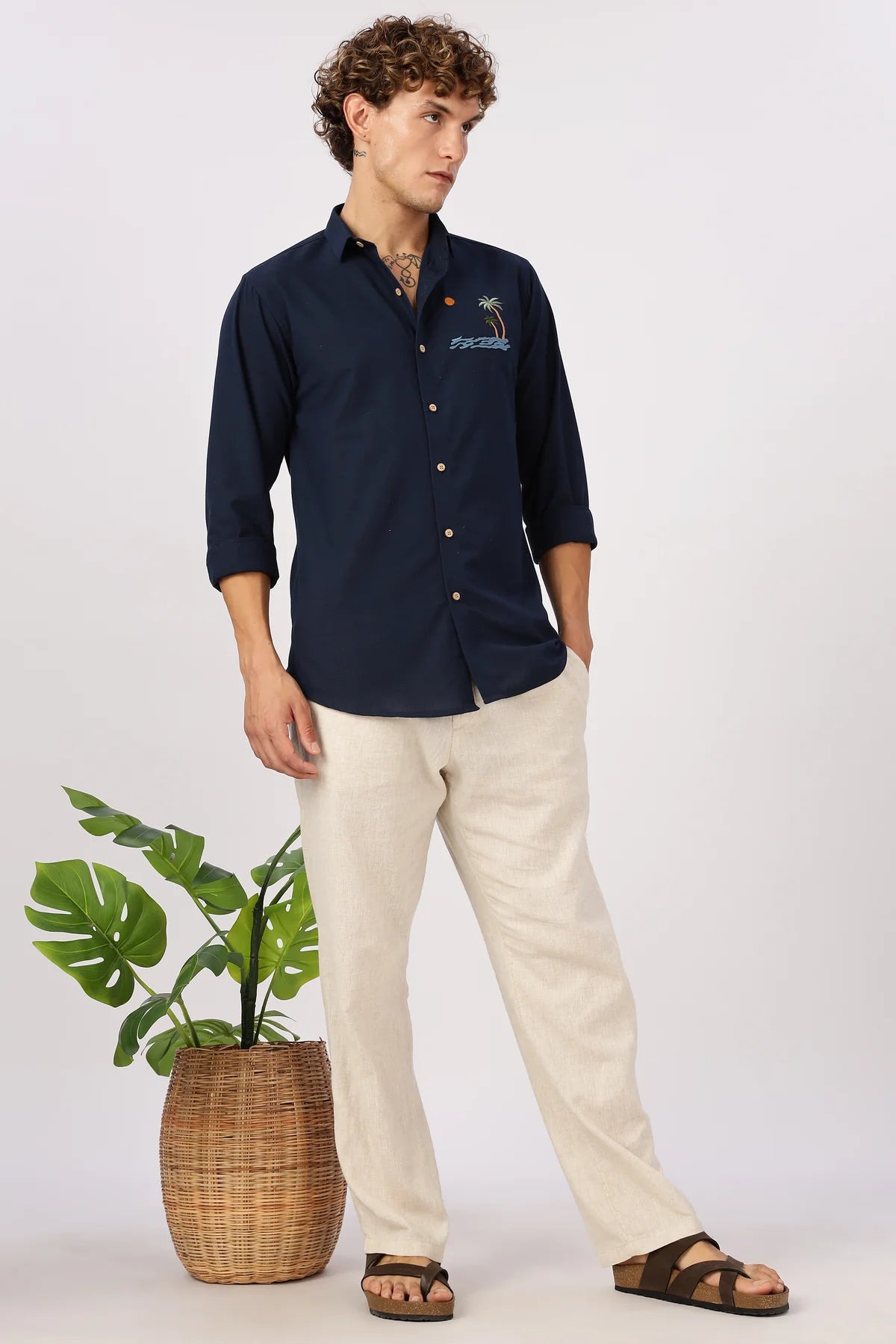 "Tides & Palms" Embroidered Navy Shirt
