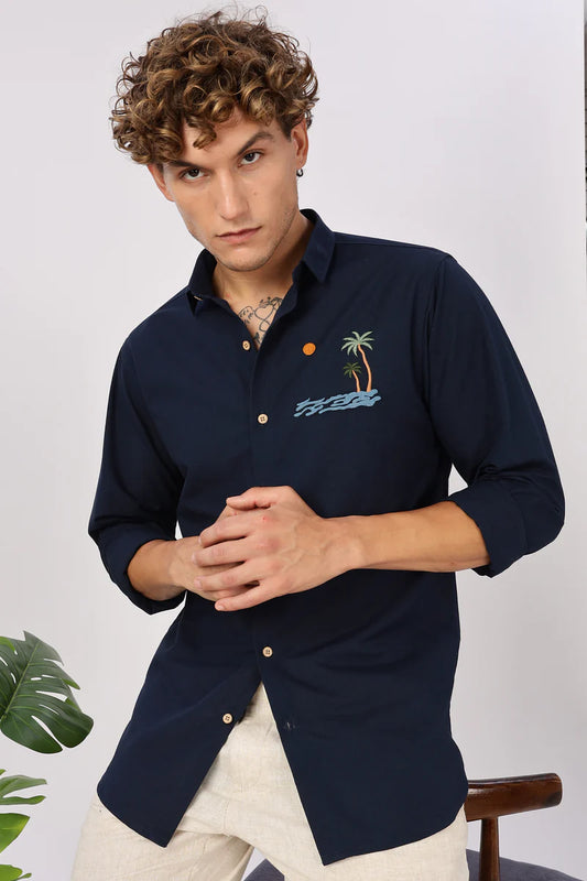 "Tides & Palms" Embroidered Navy Shirt