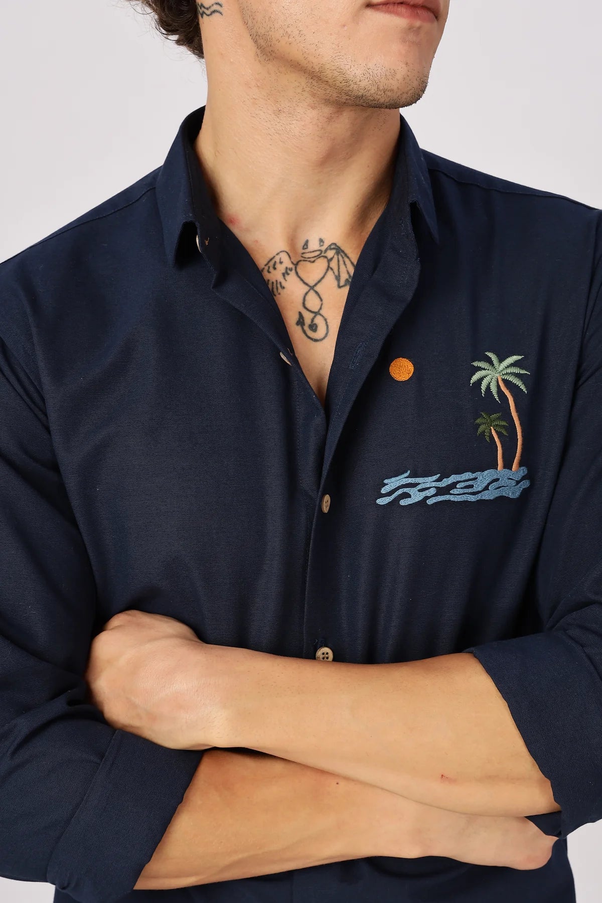 "Tides & Palms" Embroidered Navy Shirt