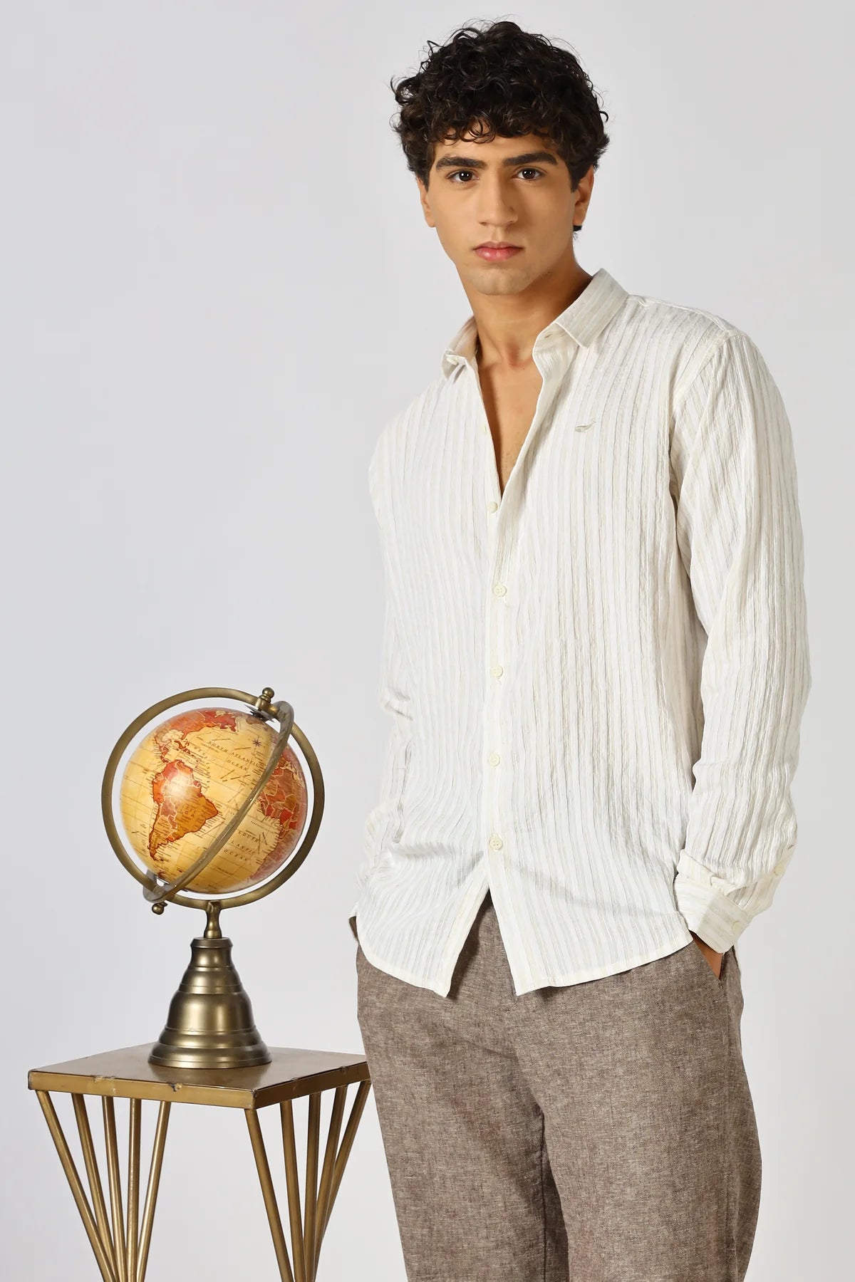 Milan Beige Seersucker Striped Essential Shirt