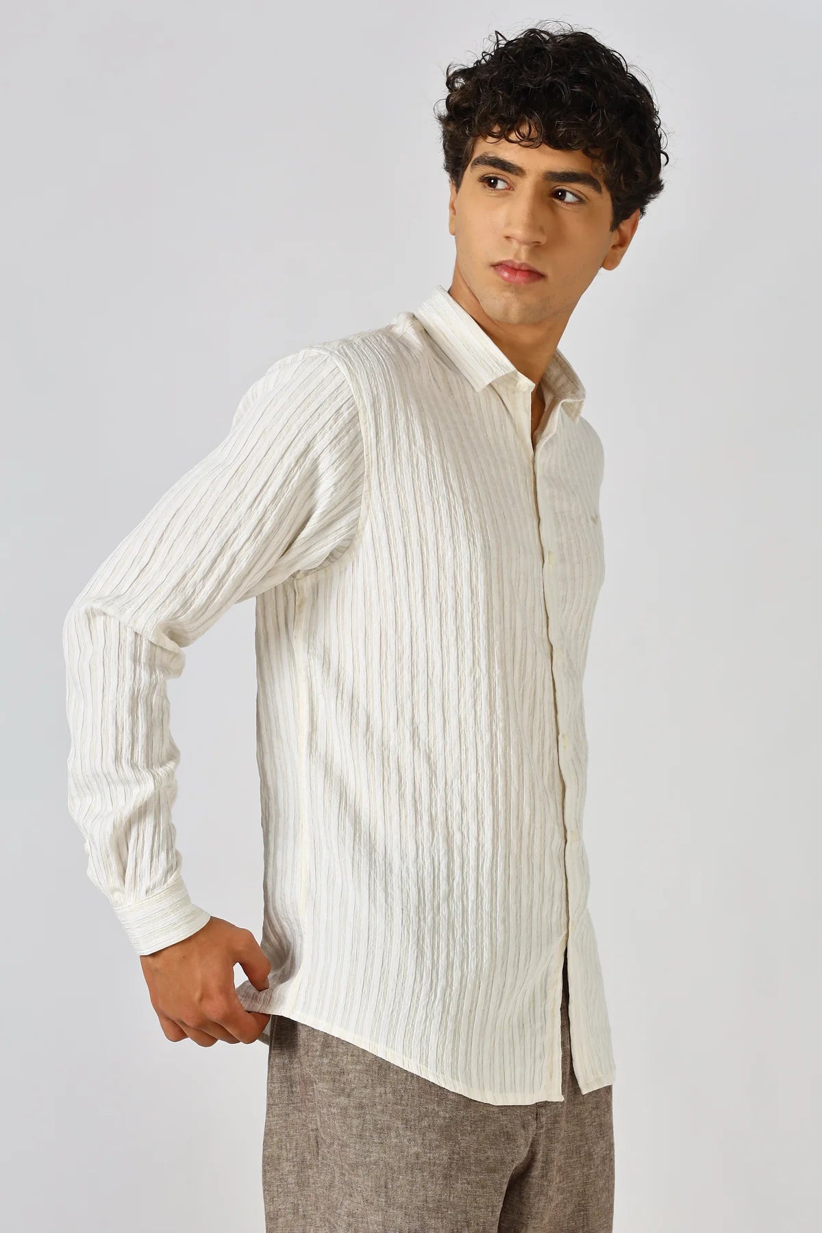 Milan Beige Seersucker Striped Essential Shirt