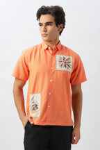 Patchwork Embroidered Men's Coral Shirt
