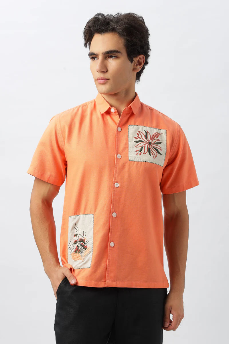 Patchwork Embroidered Men's Coral Shirt