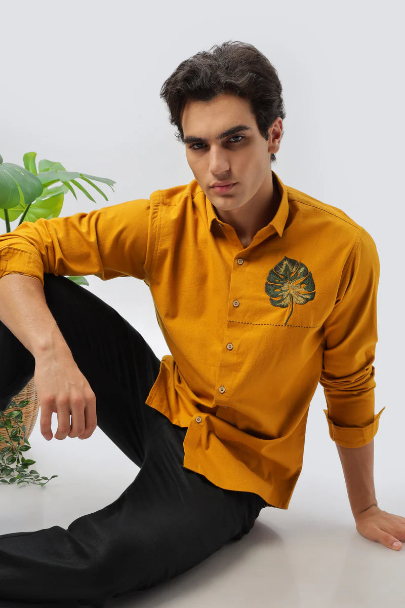 Mustard Yellow Shirt With Monstera Embroidery