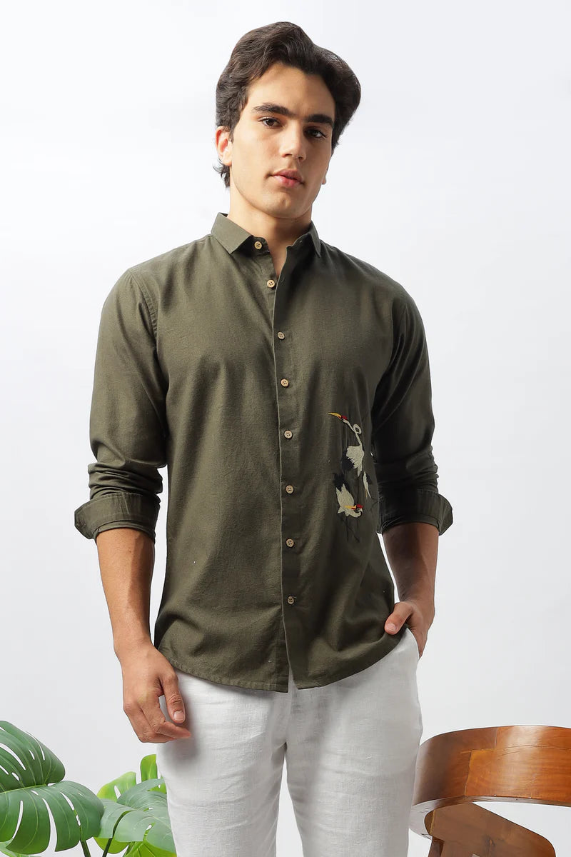 Istanbul Green Crane Embroidery Shirt