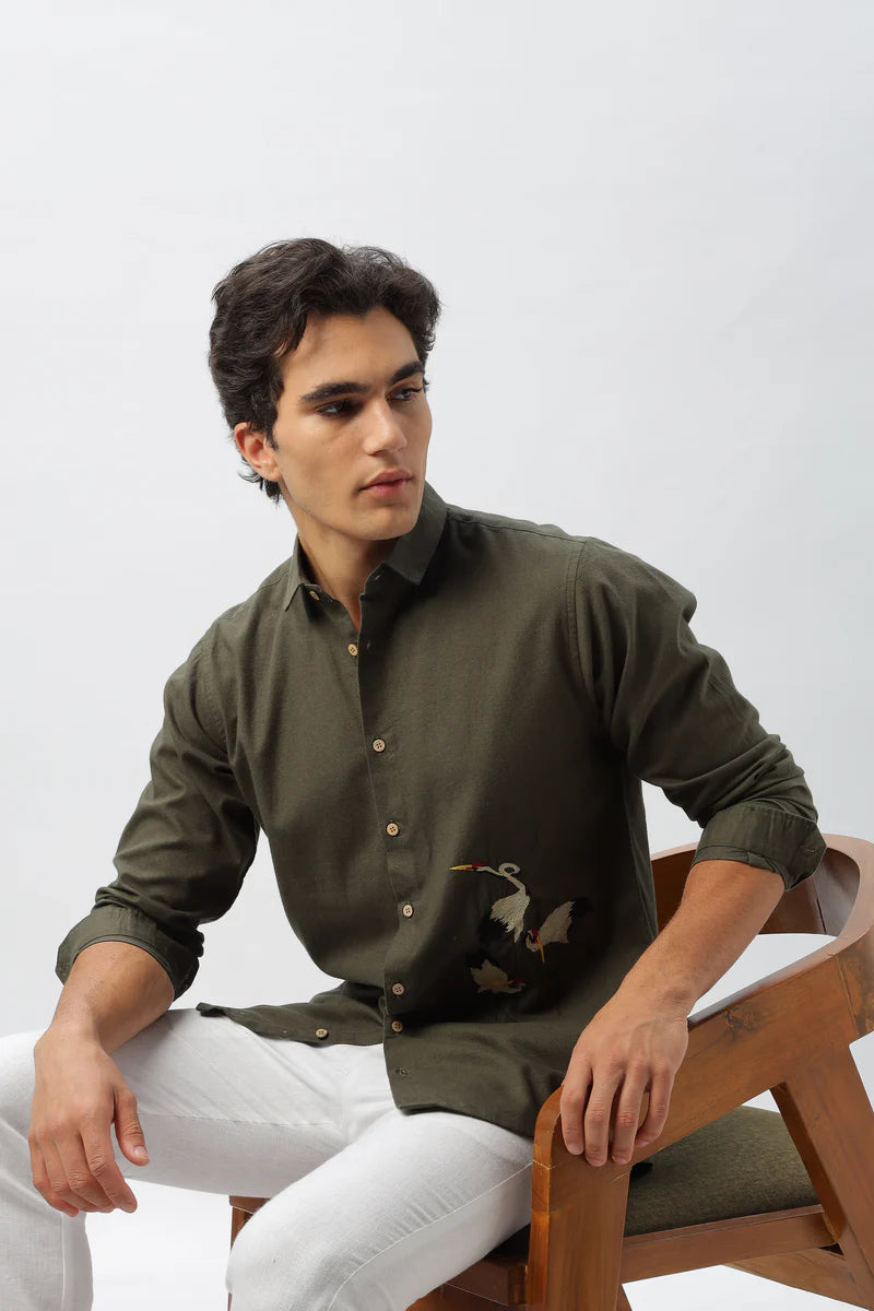 Istanbul Green Crane Embroidery Shirt