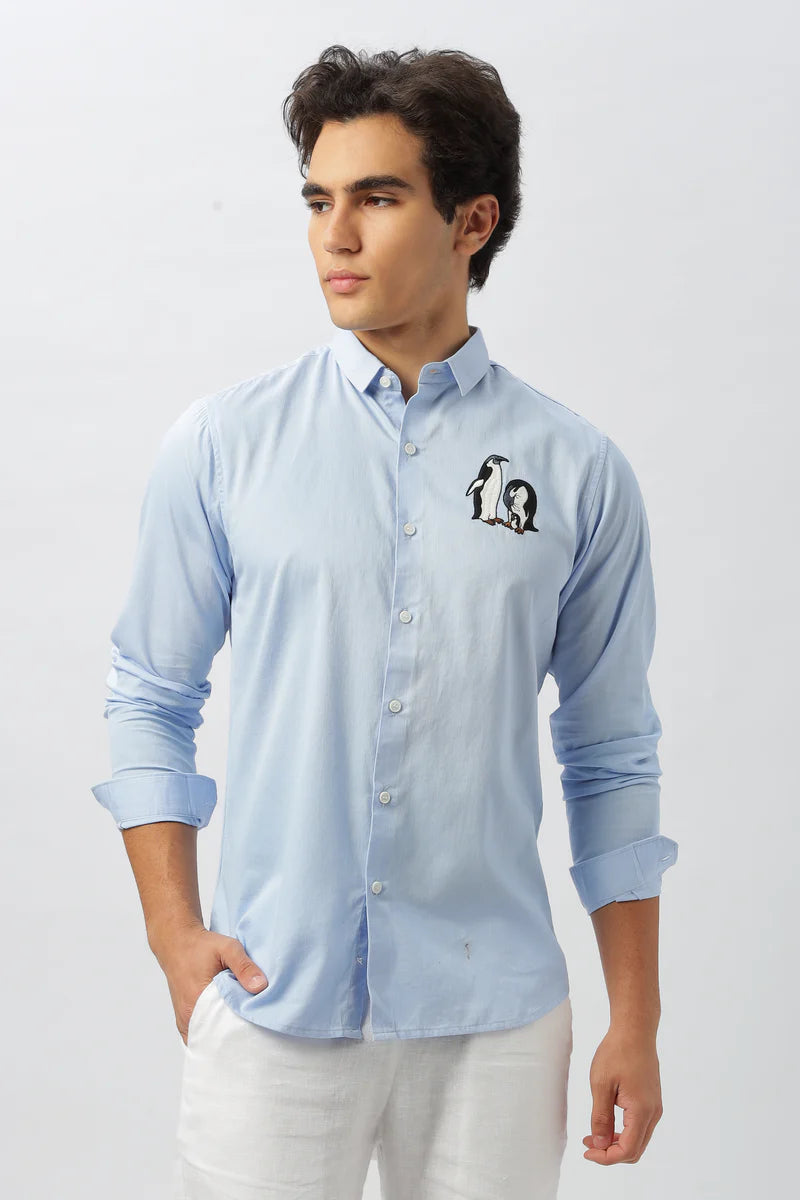 Arctic Charm: Exquisite Penguin Embroidered Shirt