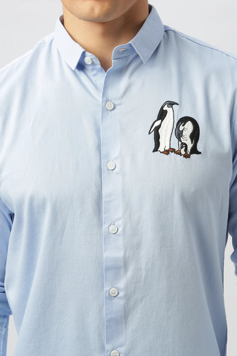 Arctic Charm: Exquisite Penguin Embroidered Shirt