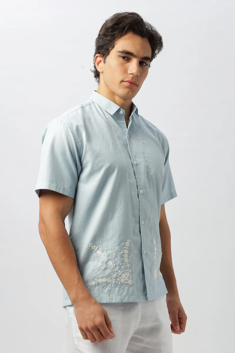 Opulent Floral Embroidered Light Blue Shirt