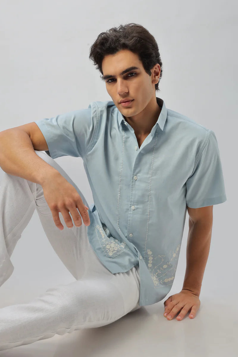 Opulent Floral Embroidered Light Blue Shirt