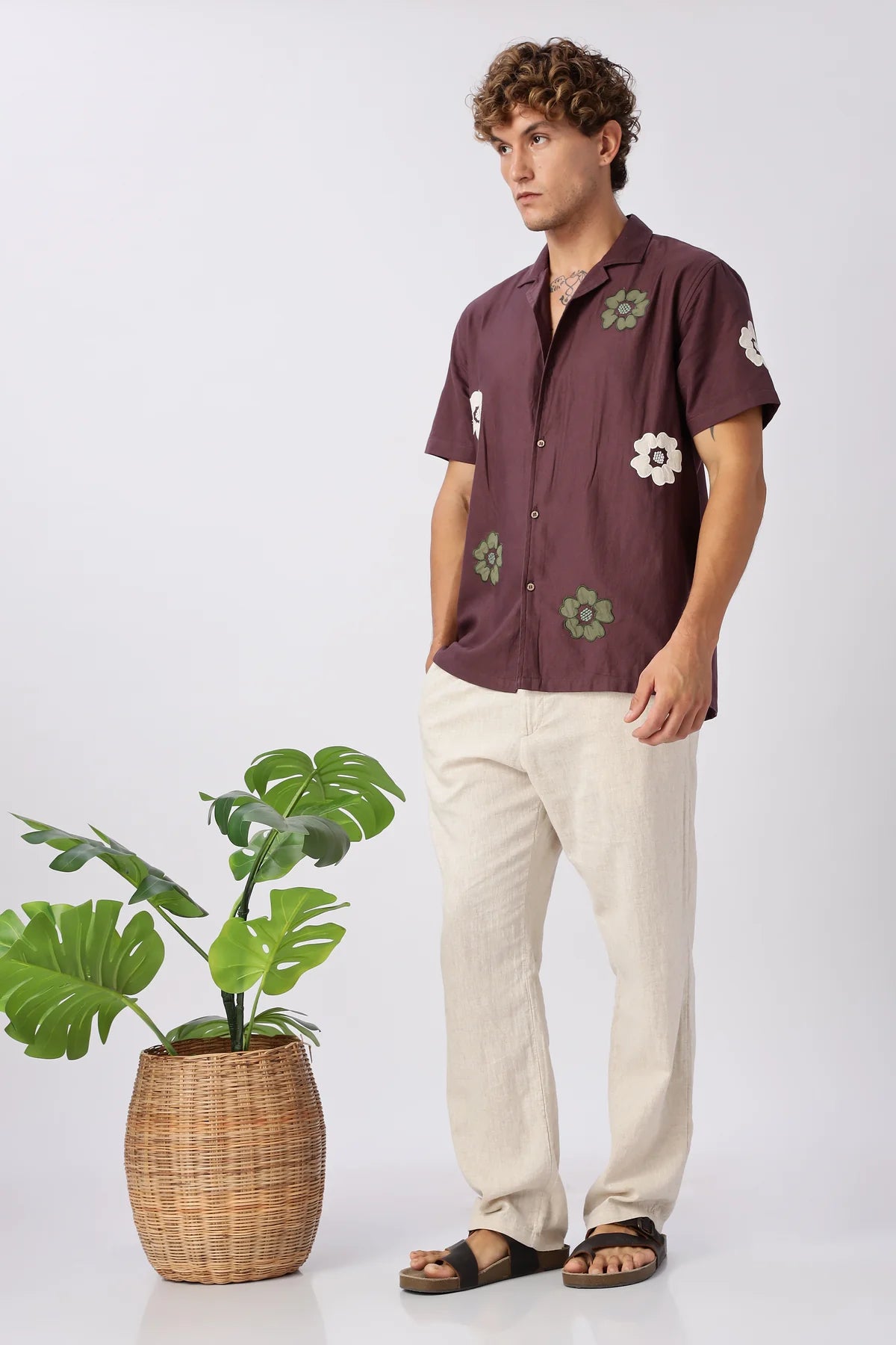Wine Bloom Embroidered Cuban Collar Shirt