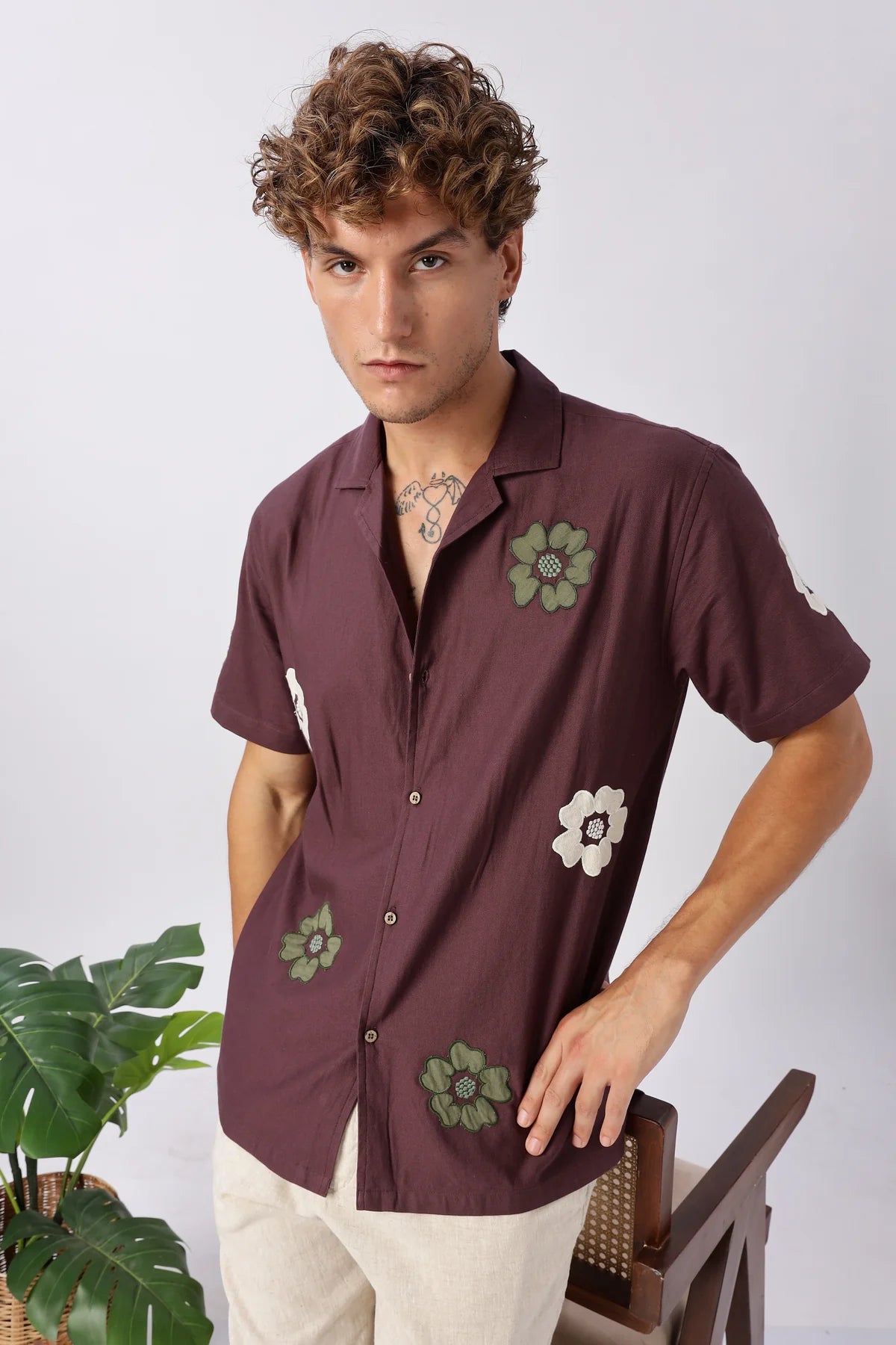 Wine Bloom Embroidered Cuban Collar Shirt