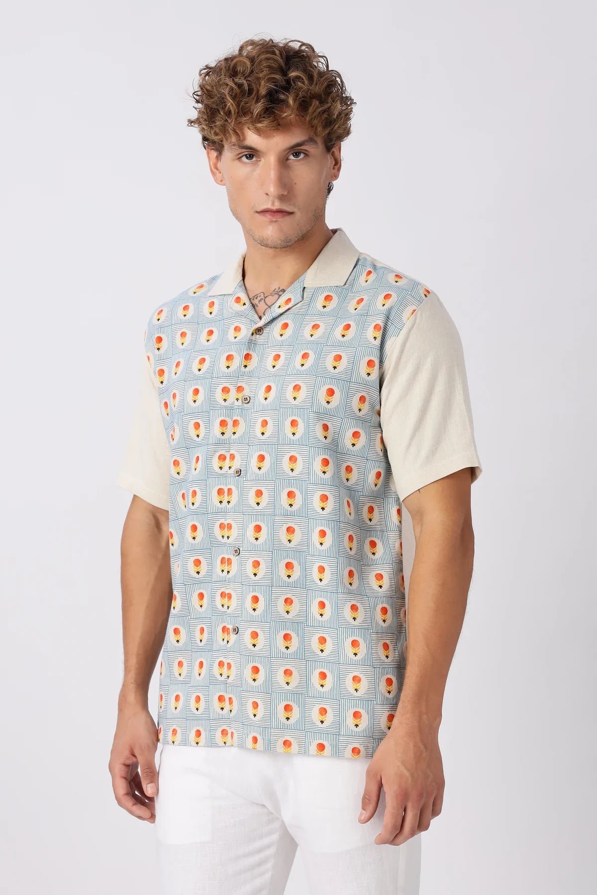 Retro Geometric Print Cuban Collar Style Shirt