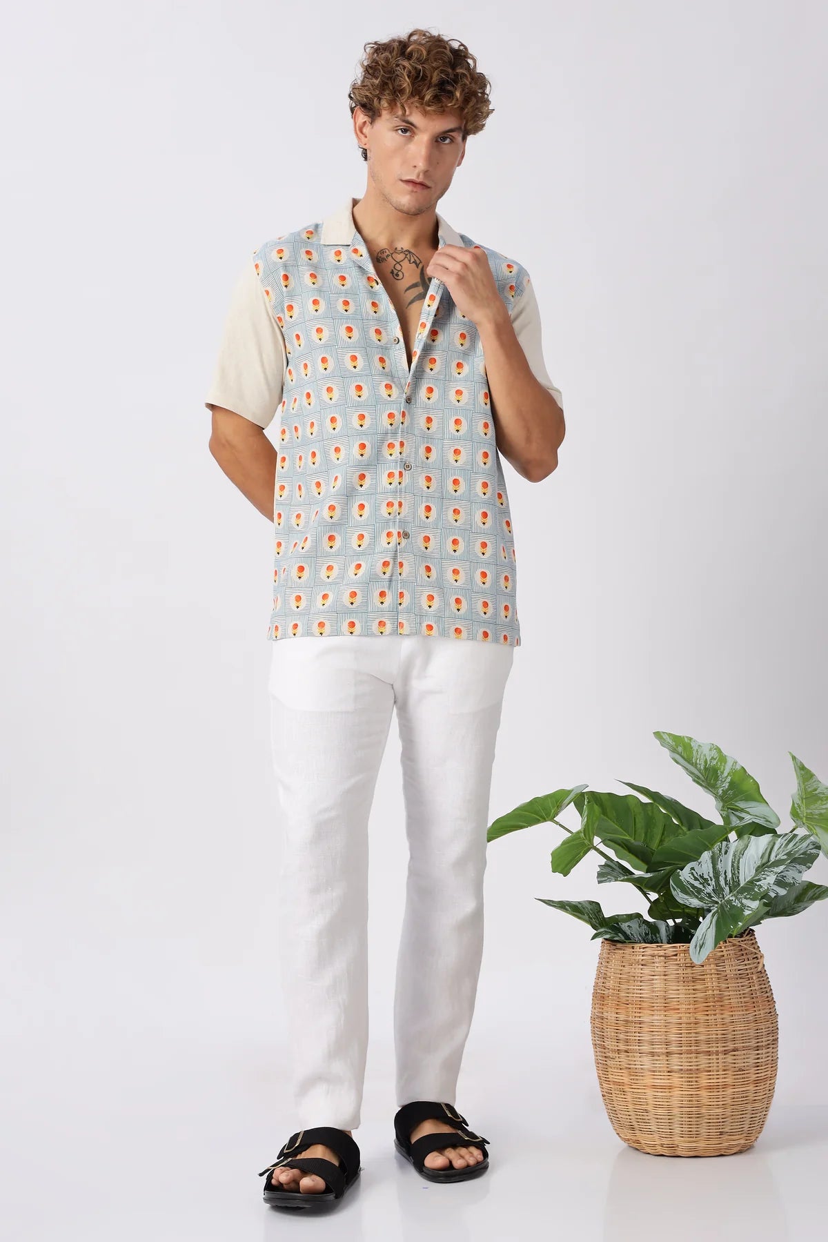 Retro Geometric Print Cuban Collar Style Shirt