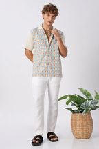 Retro Geometric Print Cuban Collar Style Shirt