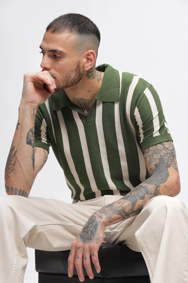 Summer Green Stripes Old Money Polo