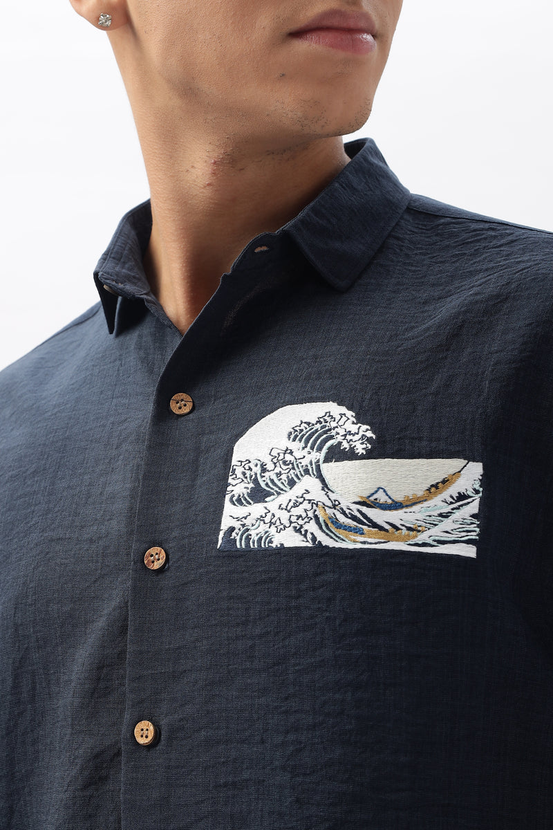 The "Turtle Cove" Wave Blue Embroidery Shirt