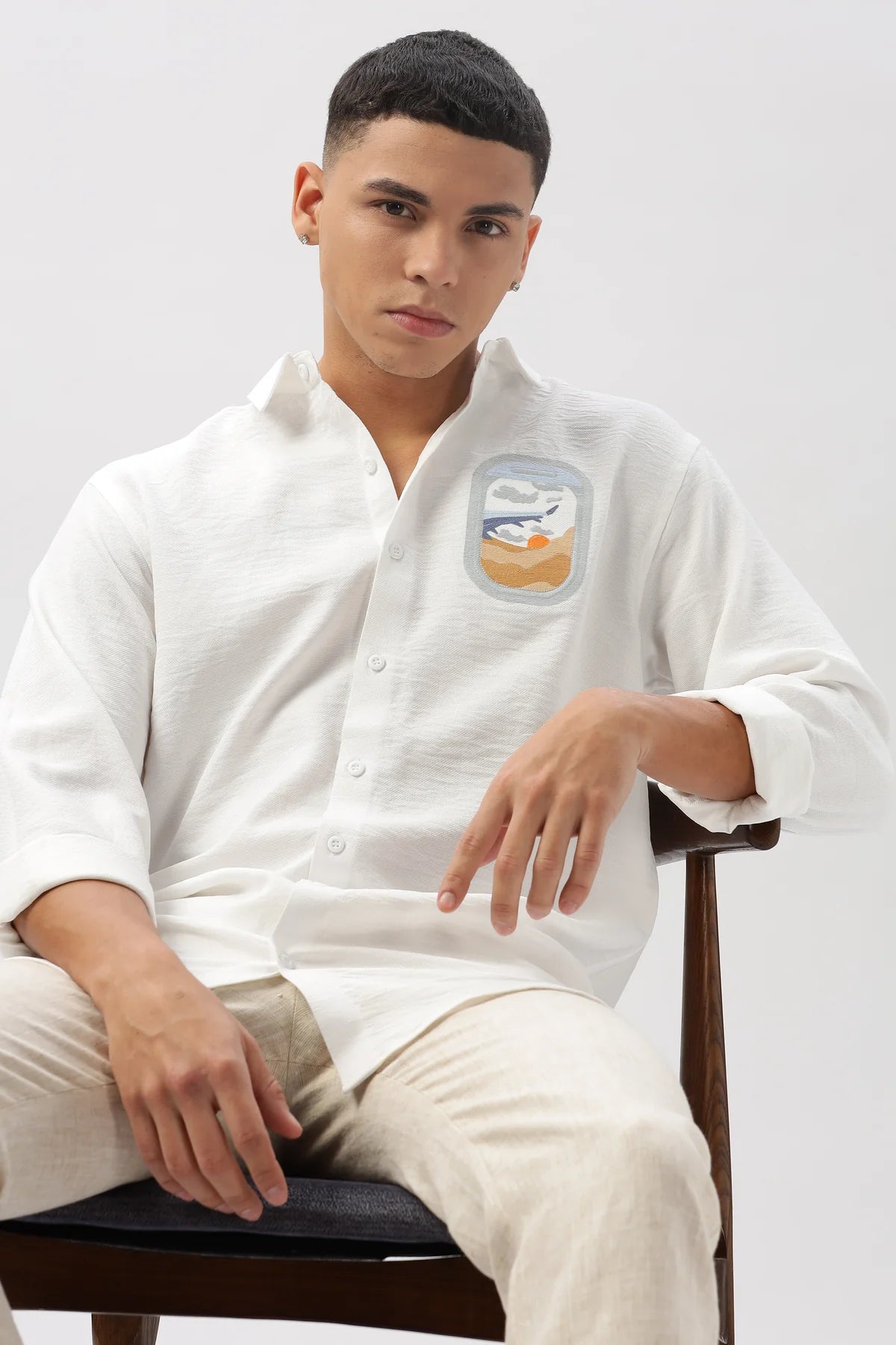 Arctic White Wanderlust Embroidered Shirt