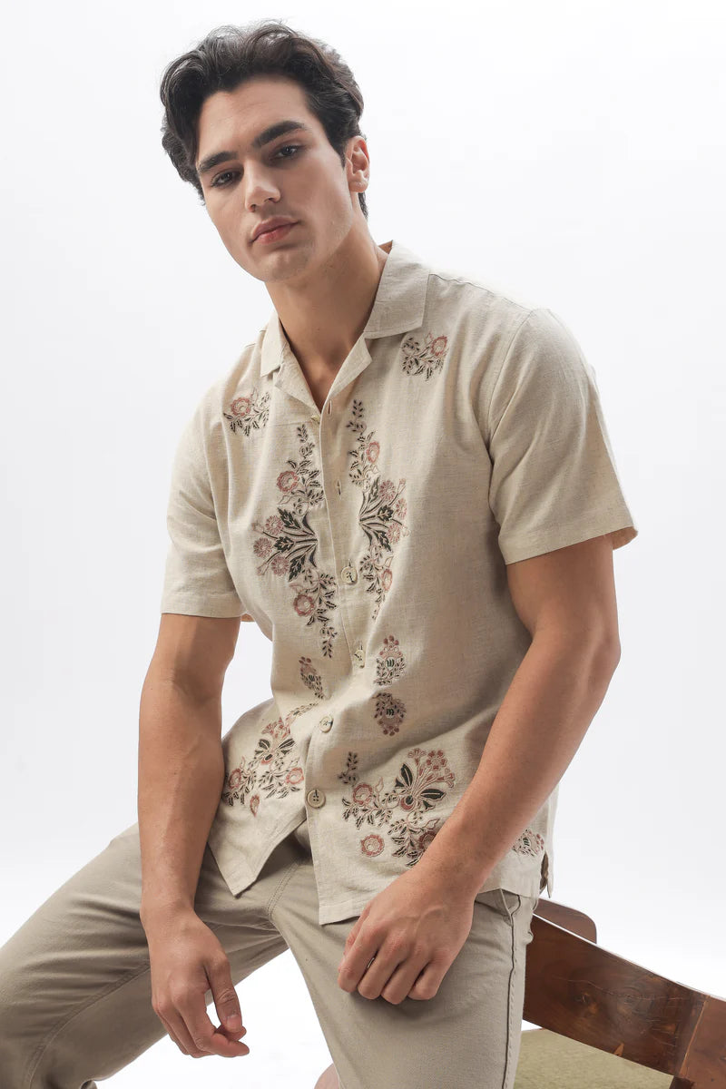 Zeus Floral Embroidery Linen Shirt