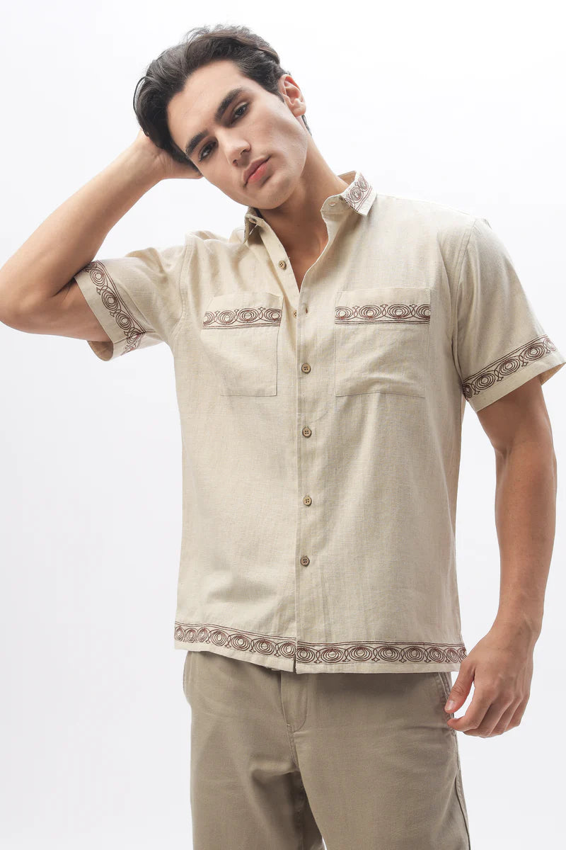 Bambaiya Beige Embroidery Double Pocket Shirt