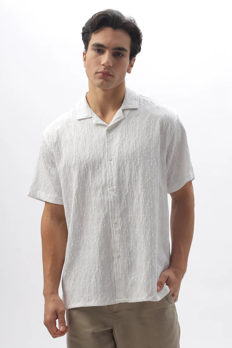 Tulum White Textured Cuban Collar Shirt