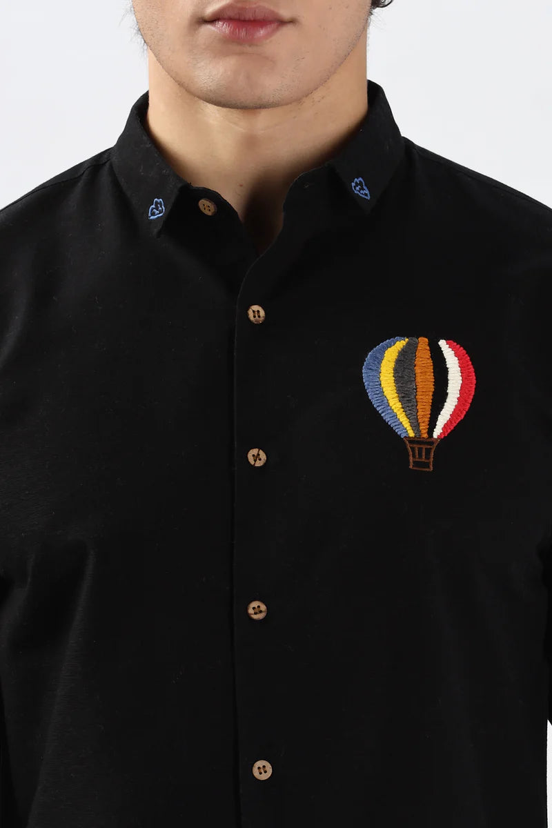 Cappadocia Black Hot Air Balloon Embroidery Shirt