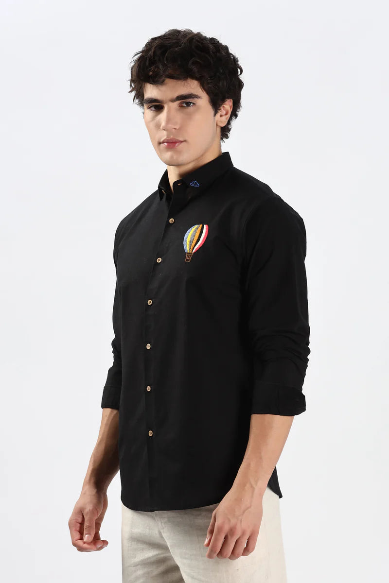 Cappadocia Black Hot Air Balloon Embroidery Shirt