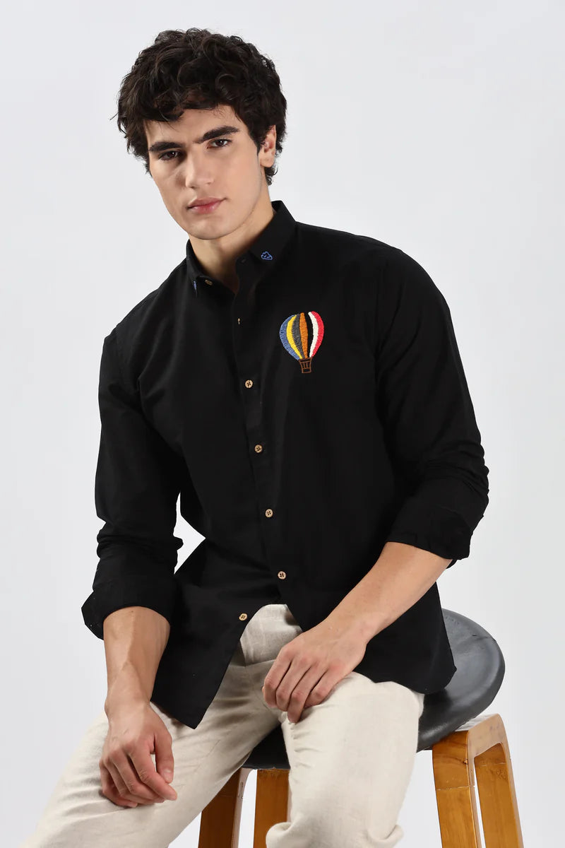 Cappadocia Black Hot Air Balloon Embroidery Shirt