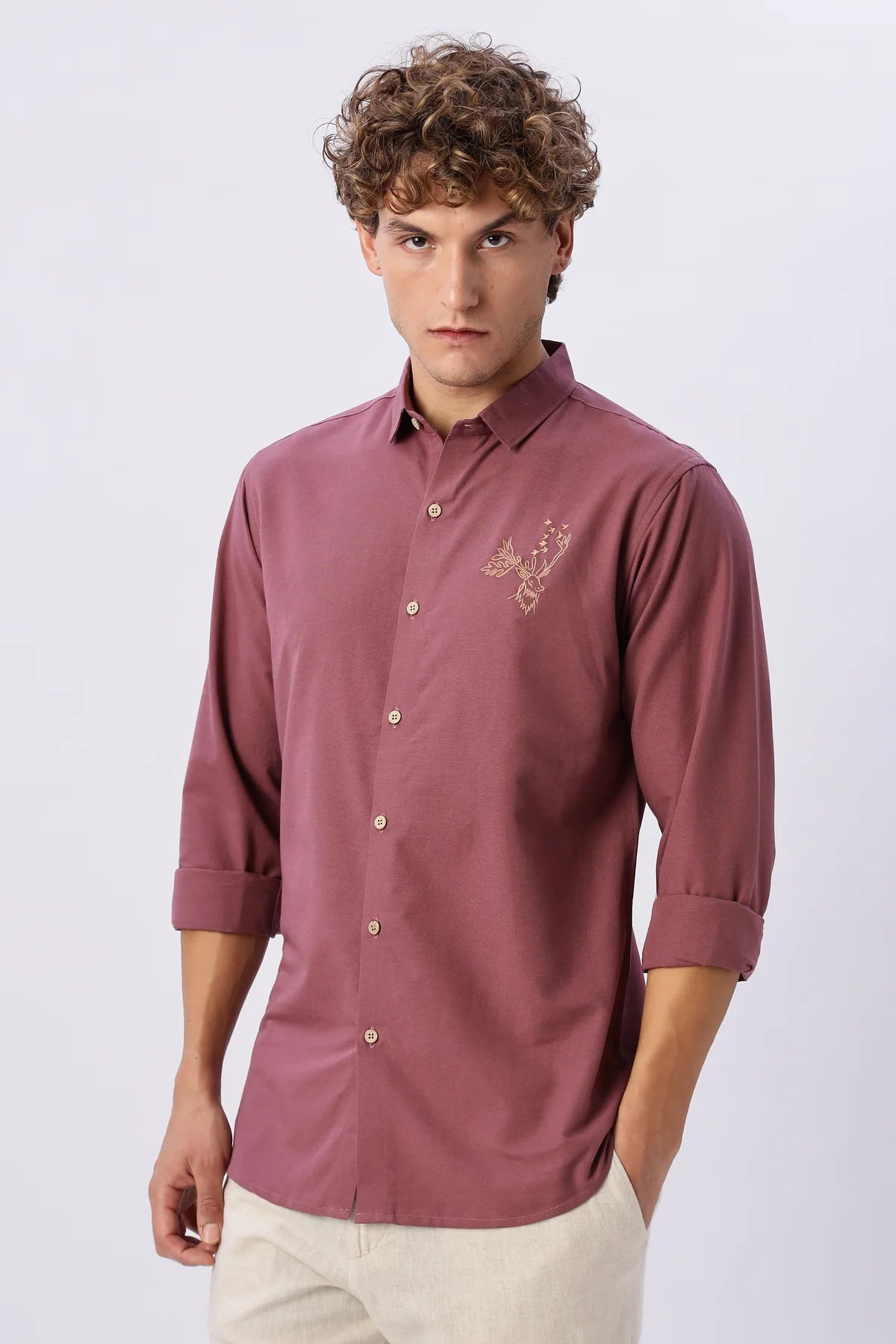 Arctic Reindeer Pink Embroidered Shirt