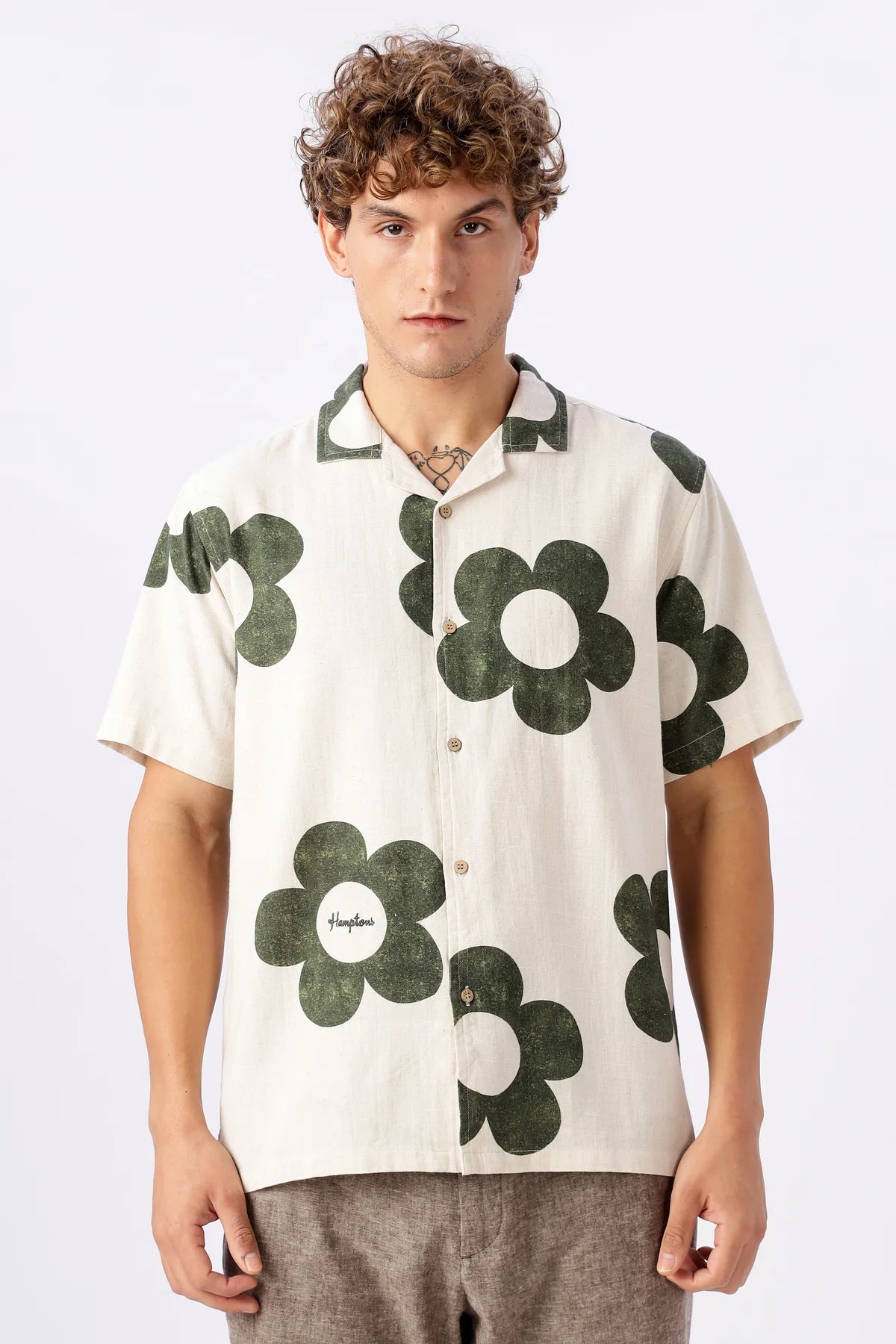 Vintage Green Floral Cuban Collar Cream Shirt