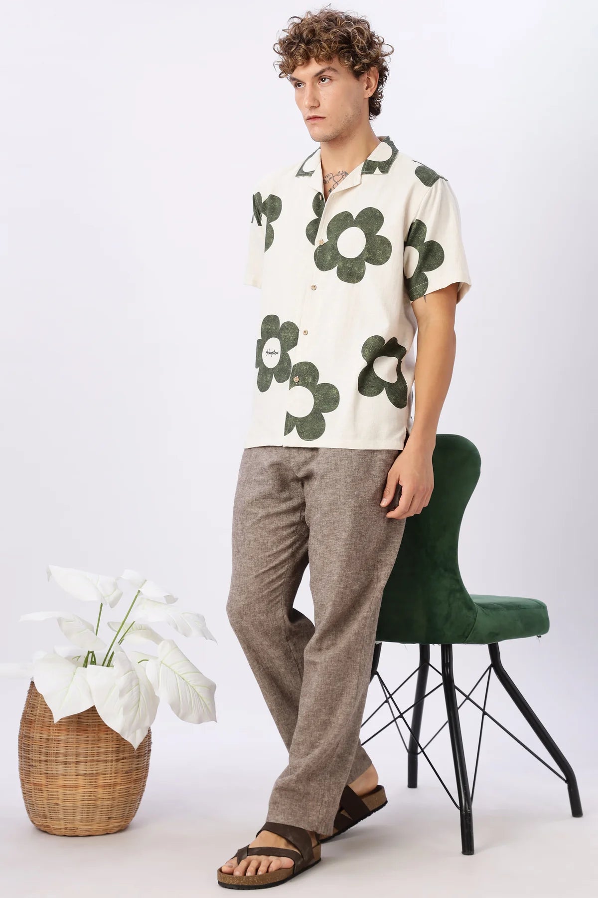 Vintage Green Floral Cuban Collar Cream Shirt