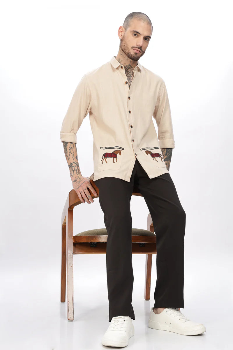 Cavallo Beige Full Sleeves Embroidery Shirt