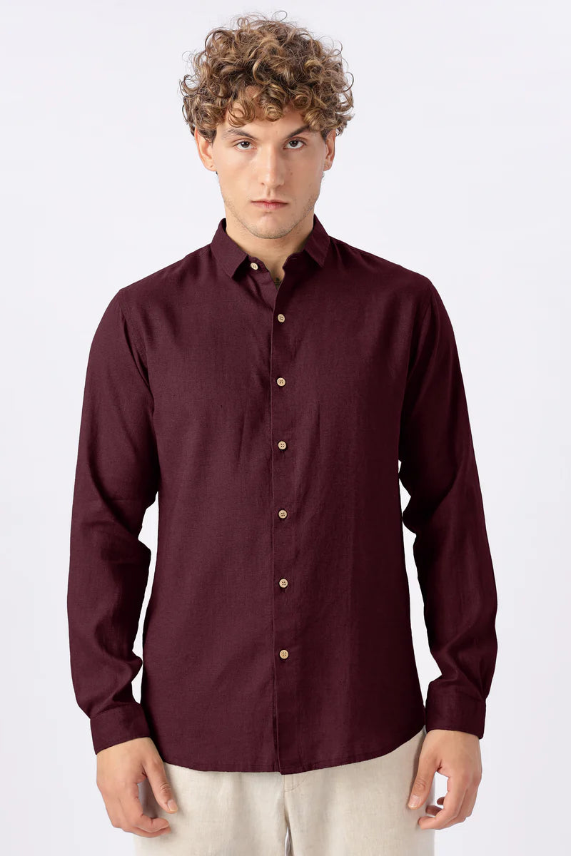 Classic Burgundy Linen Blend No Logo Regular Fit Maroon Shirt