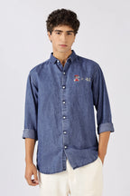 Og Mario Cotton Regular Fit Dark Blue Embroidered Denim Shirt