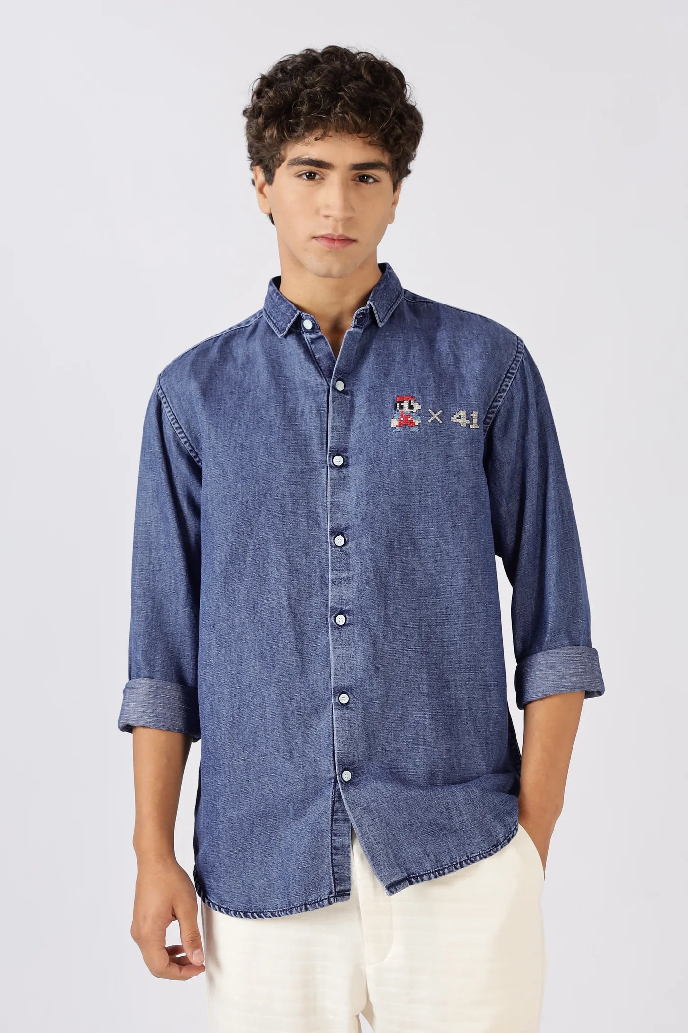 Og Mario Cotton Regular Fit Dark Blue Embroidered Denim Shirt