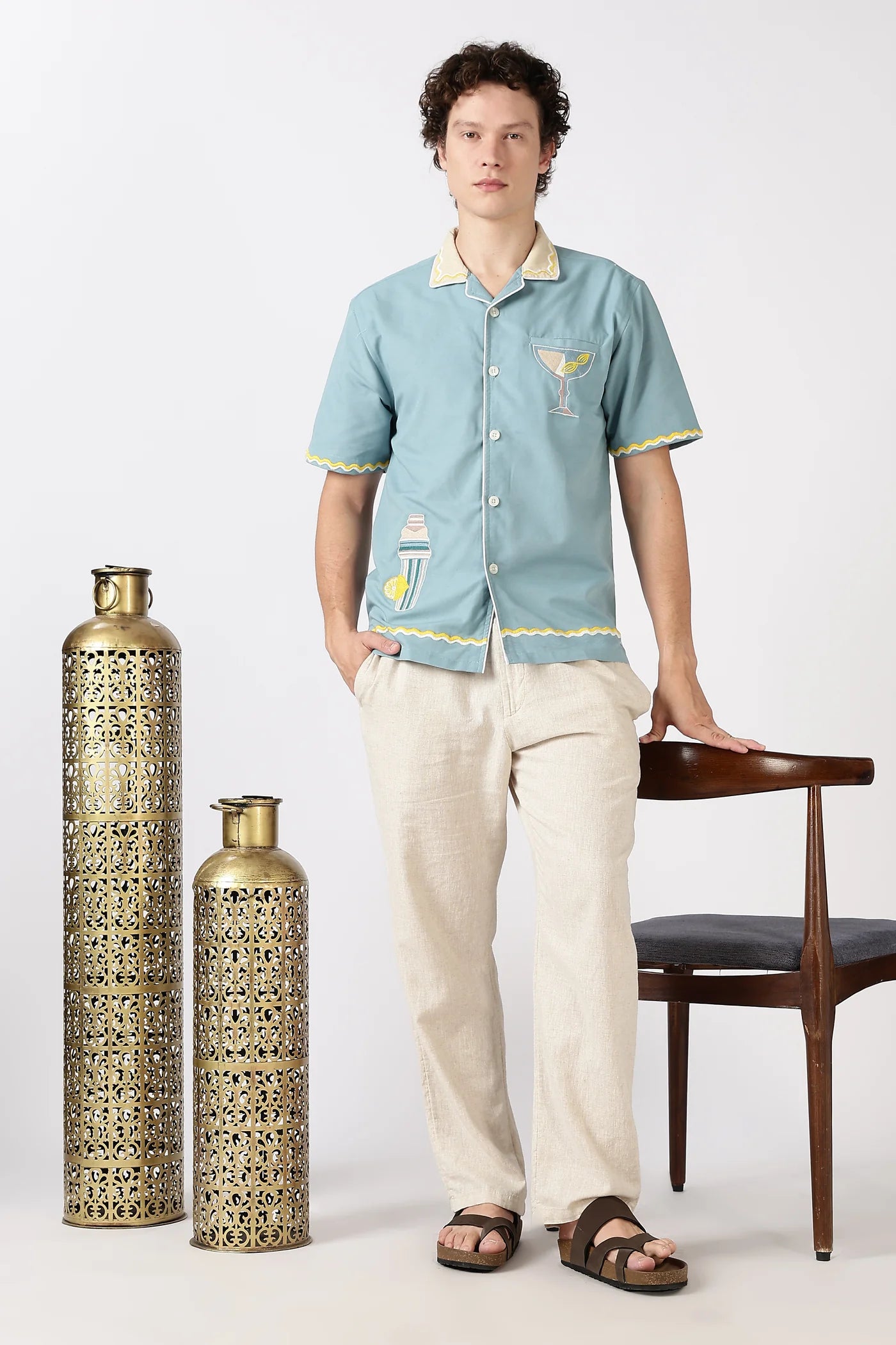 Party Perfect Mint Green Box Fit Sky Blue Embroidered Shirt