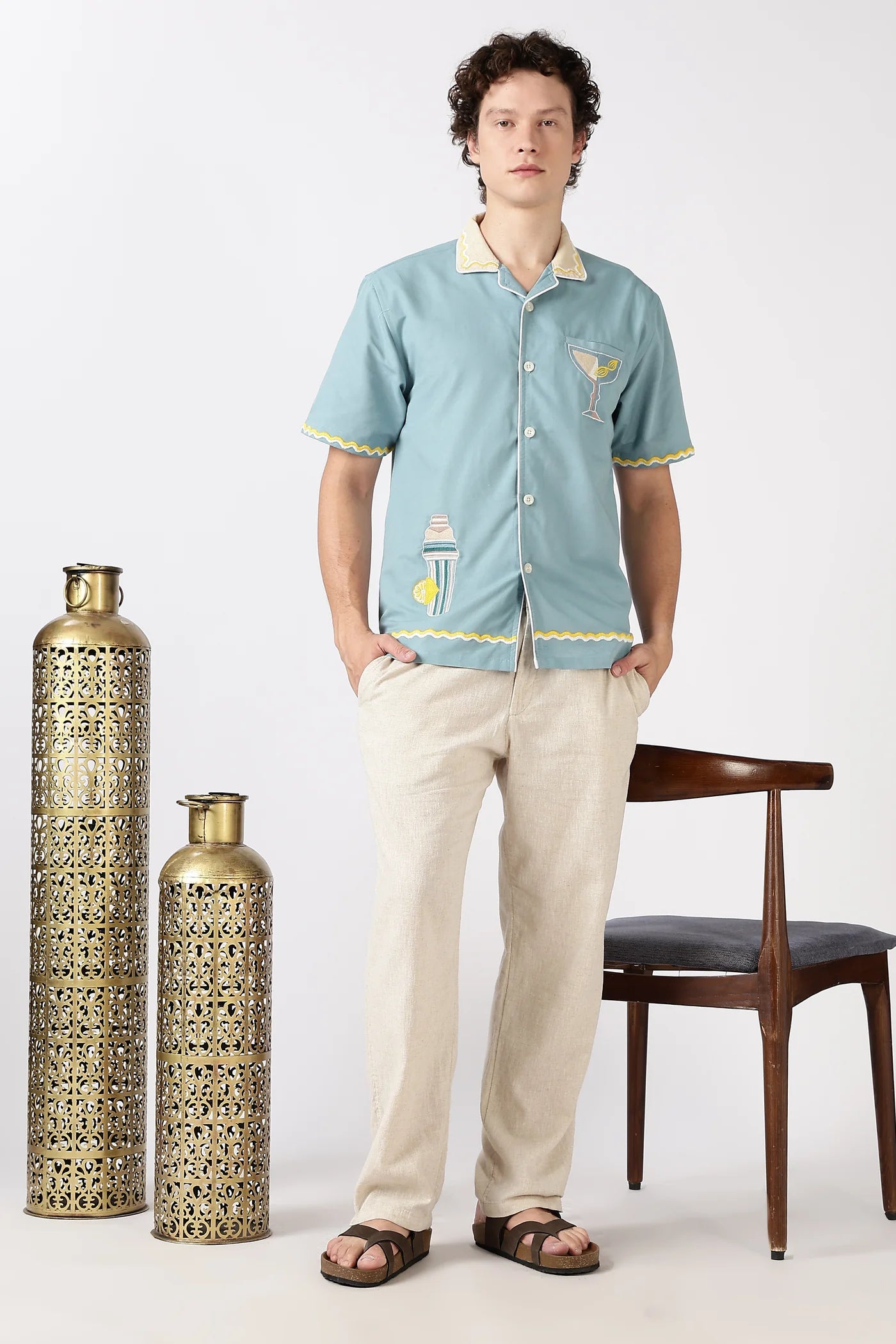 Party Perfect Mint Green Box Fit Sky Blue Embroidered Shirt