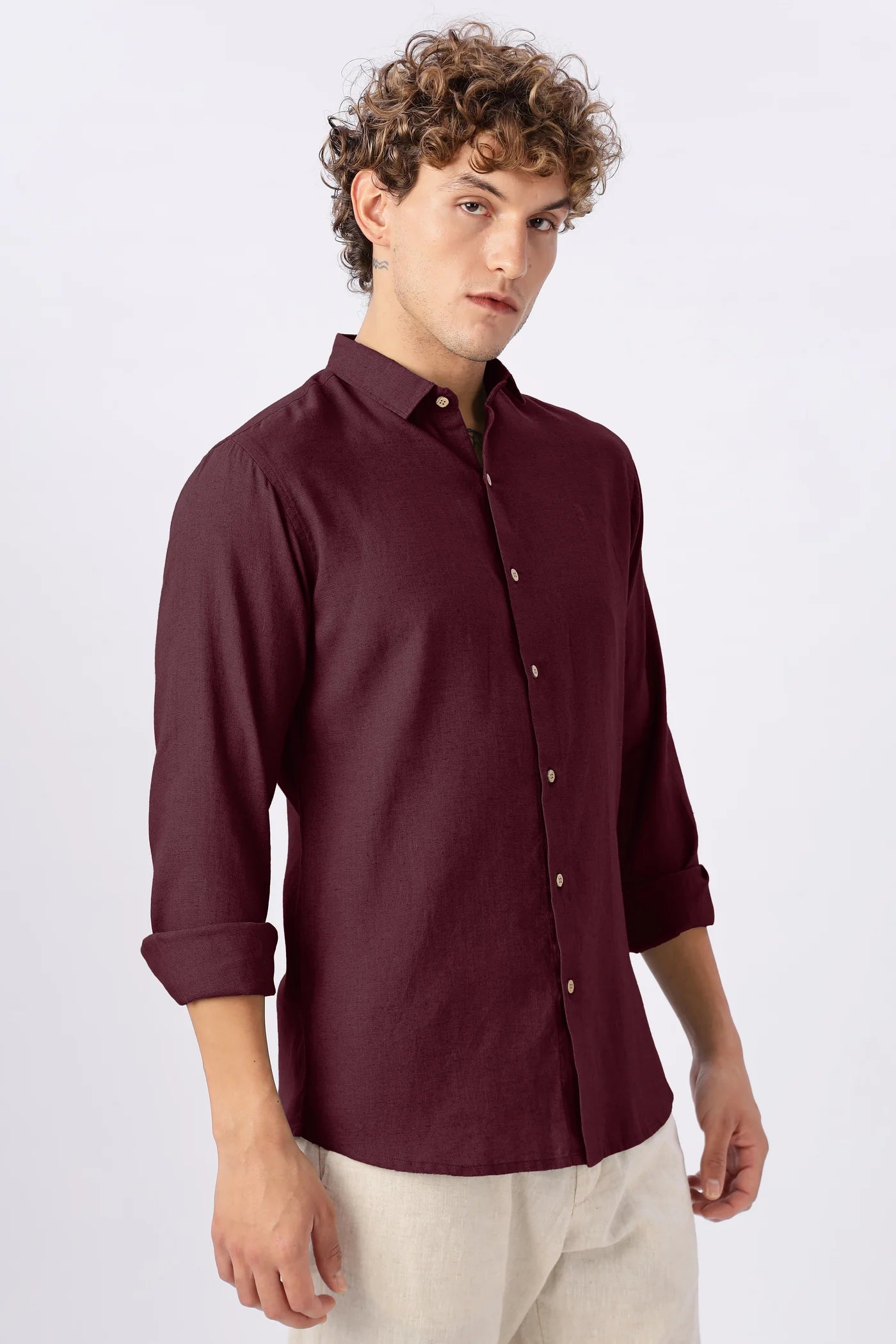 Classic Burgundy Linen Blend No Logo Regular Fit Maroon Shirt