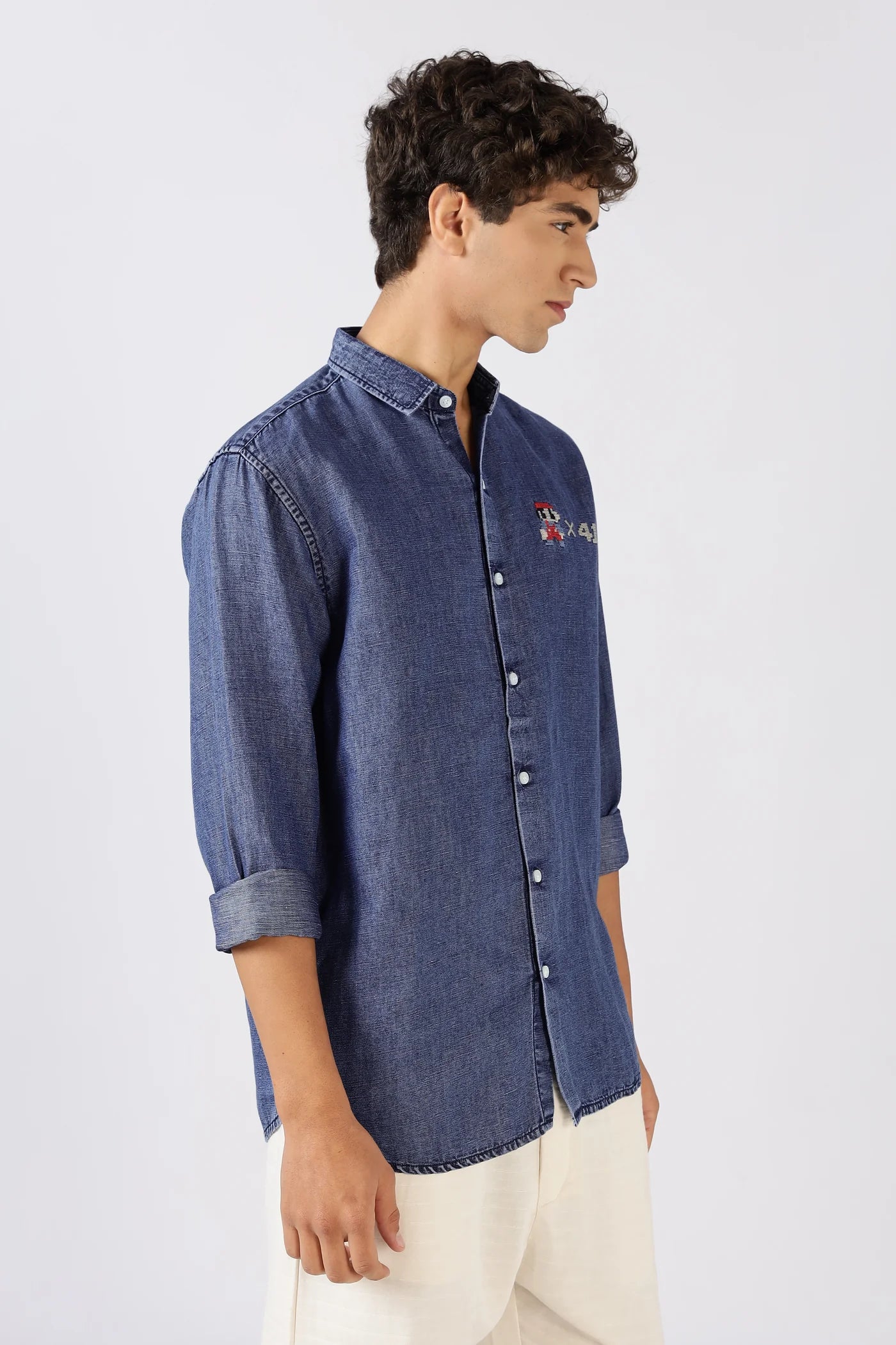 Og Mario Cotton Regular Fit Dark Blue Embroidered Denim Shirt