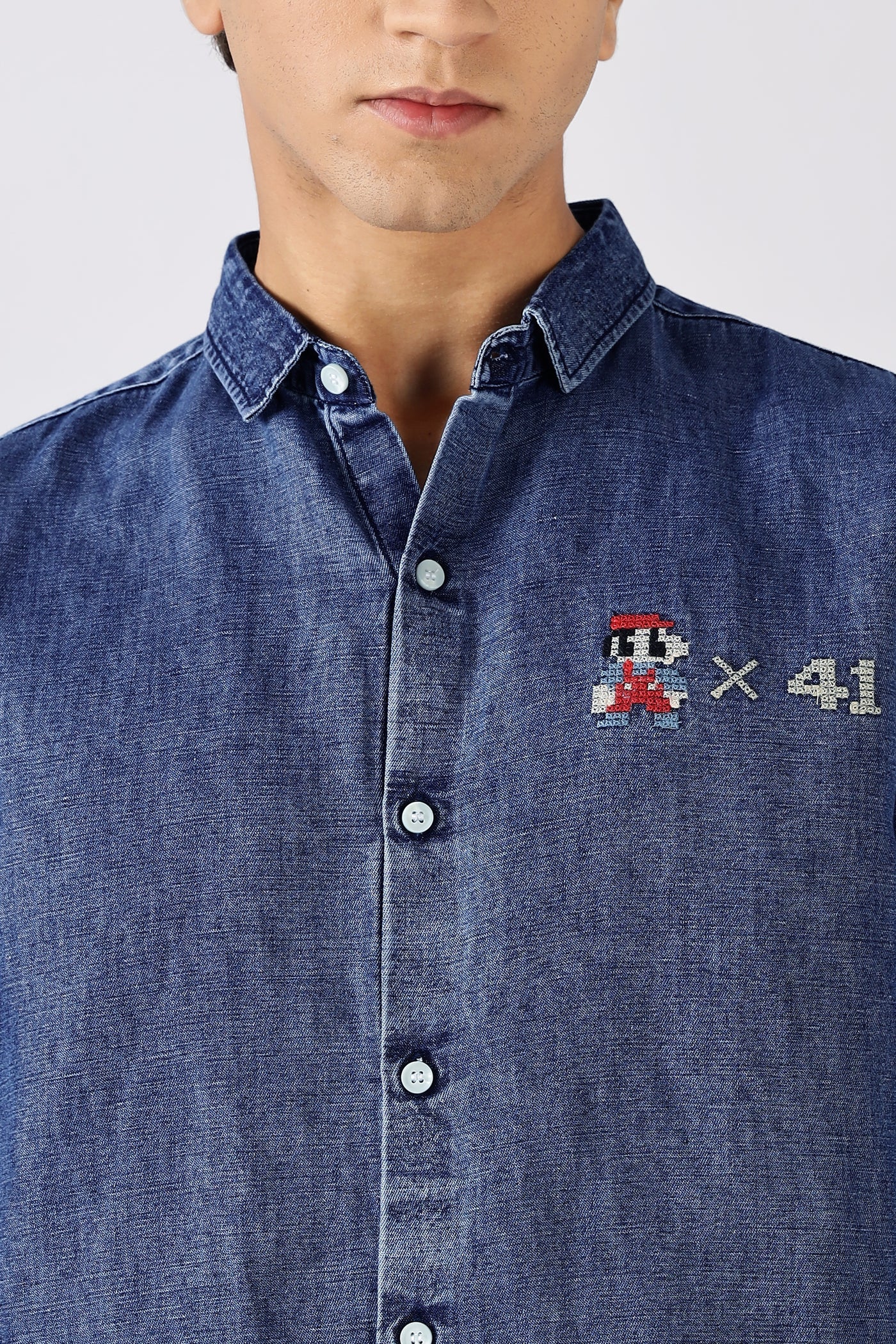 Og Mario Cotton Regular Fit Dark Blue Embroidered Denim Shirt
