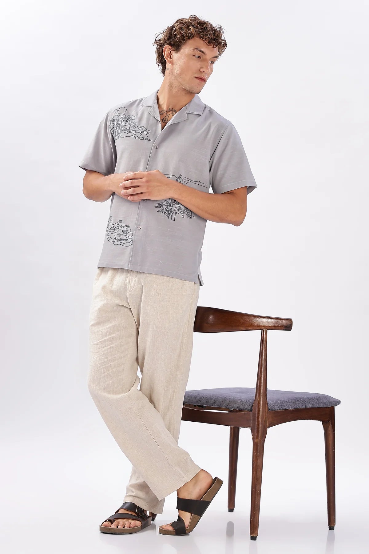 Skyline of Lisboa Cuban Collar Embroidery Shirt