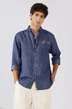 Og Mario Cotton Regular Fit Dark Blue Embroidered Denim Shirt