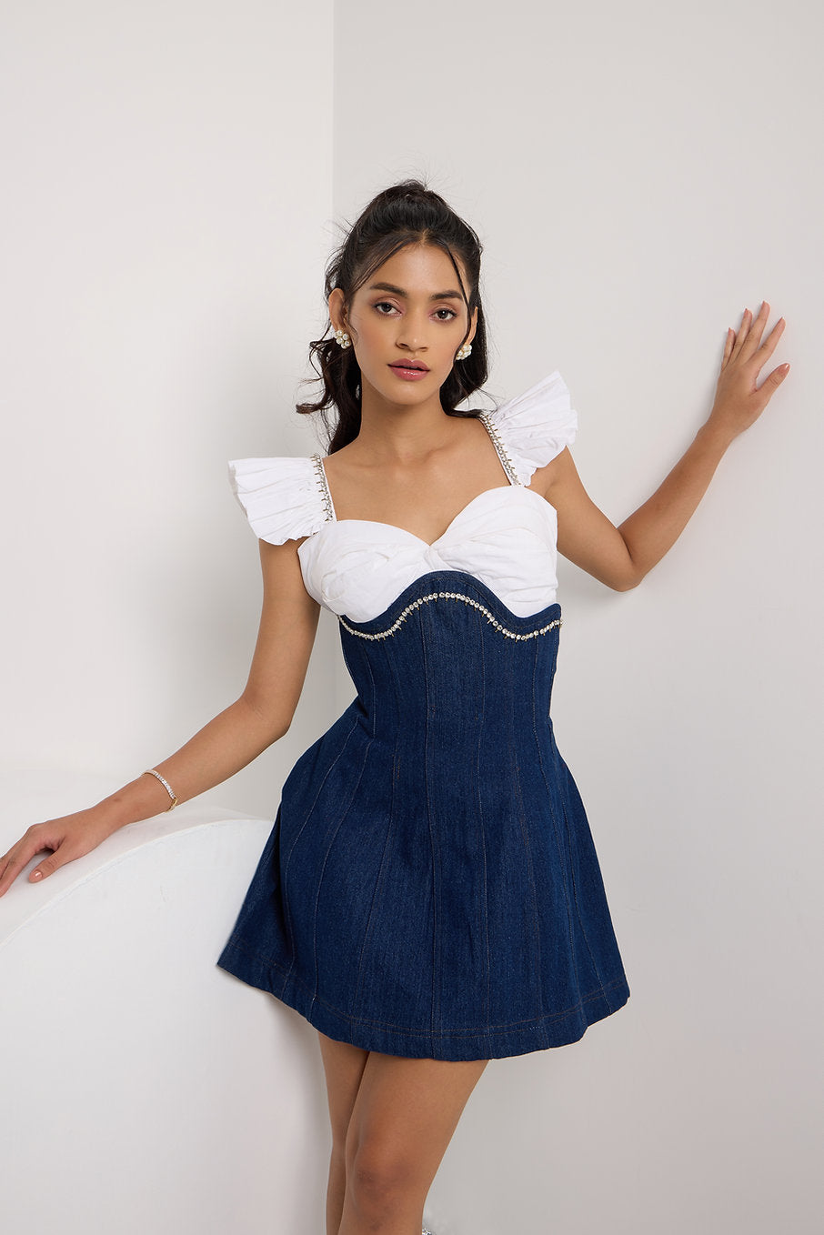 Corset Mini Skirt with Ruffle Sleeves Top