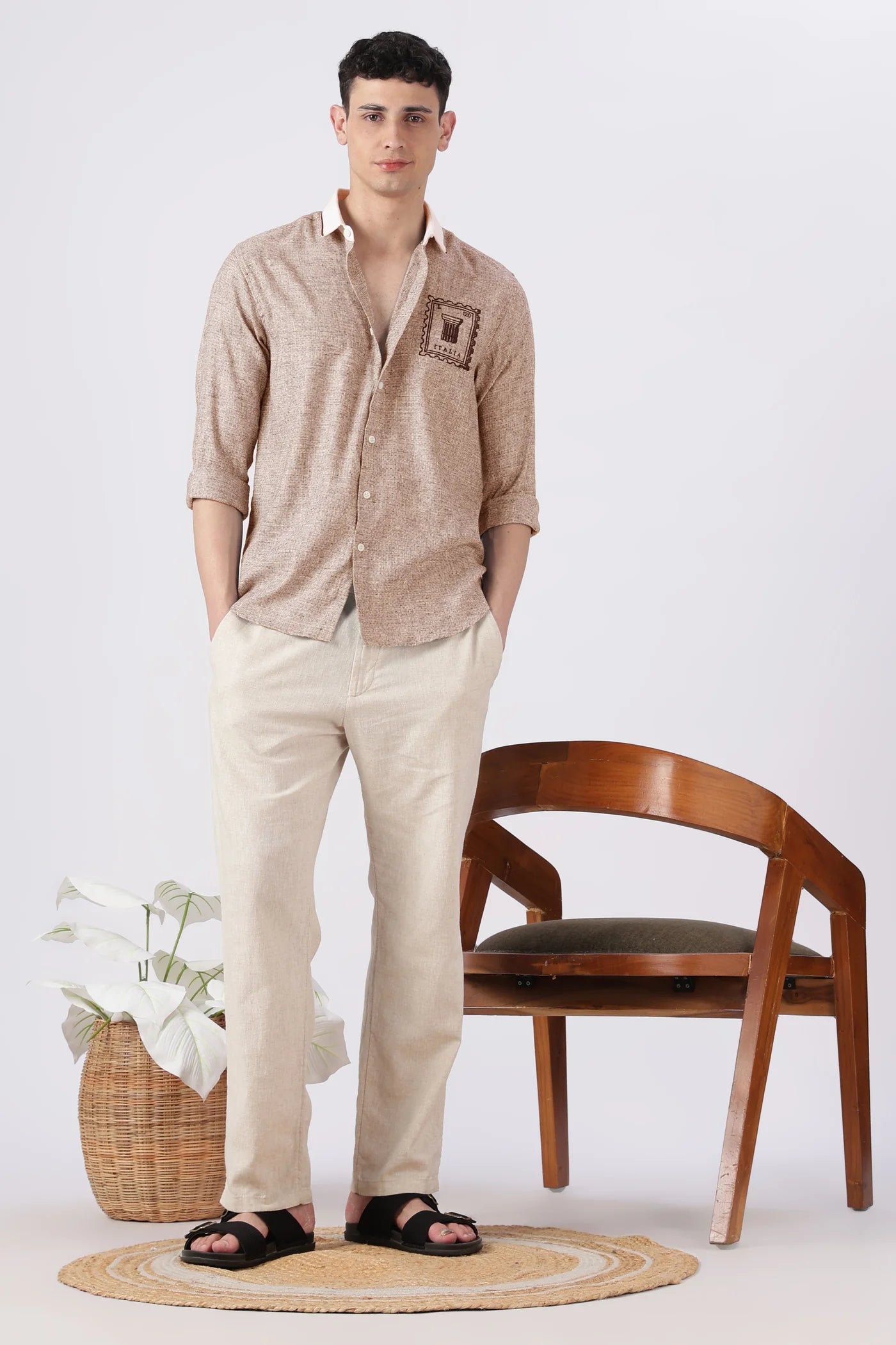 Italia Stamp Cotton Regular Fit Brown Embroidered