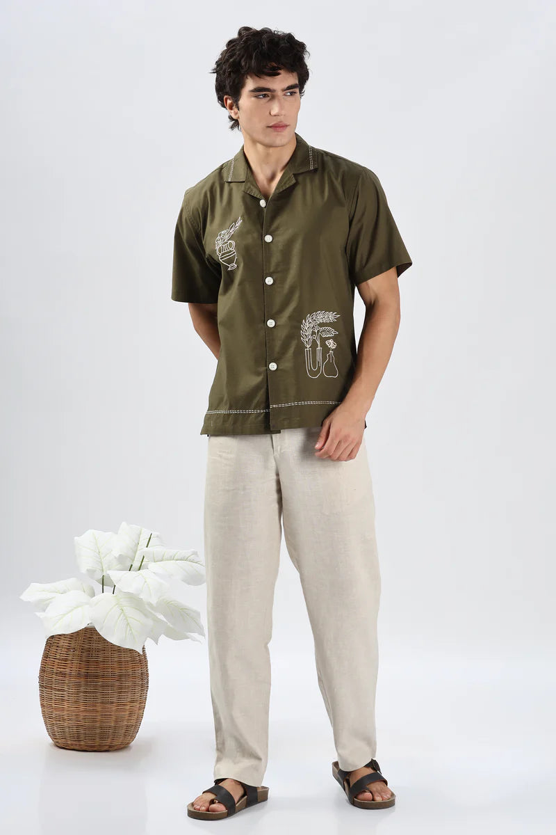 Oslo Olive Green Pottery Embroidery Shirt