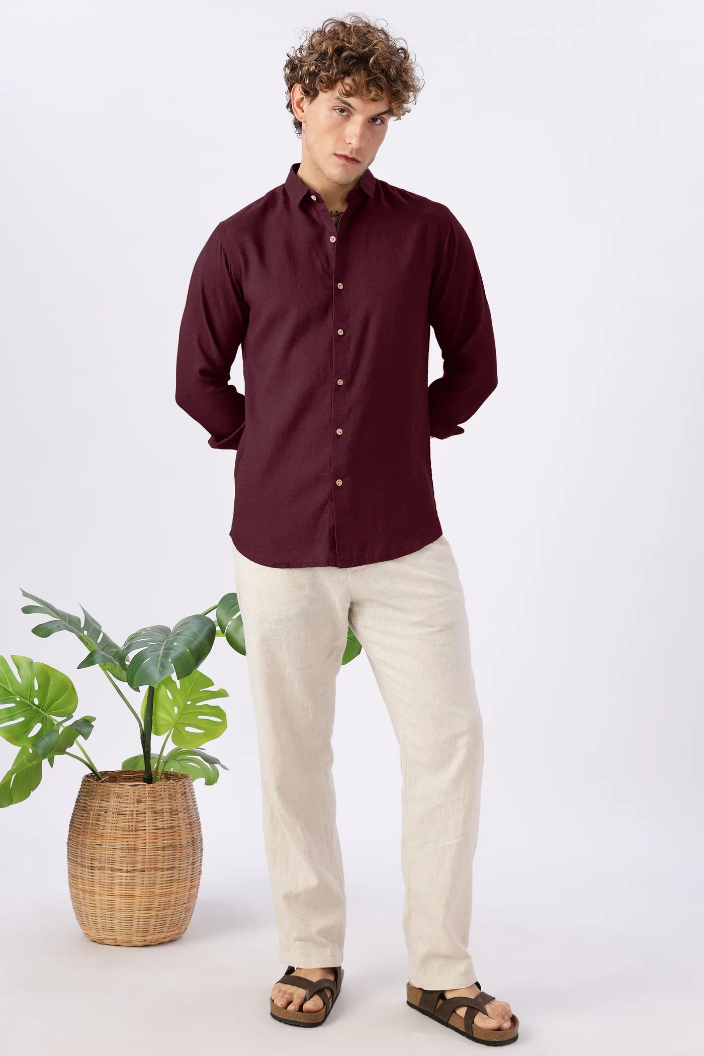 Classic Burgundy Linen Blend No Logo Regular Fit Maroon Shirt